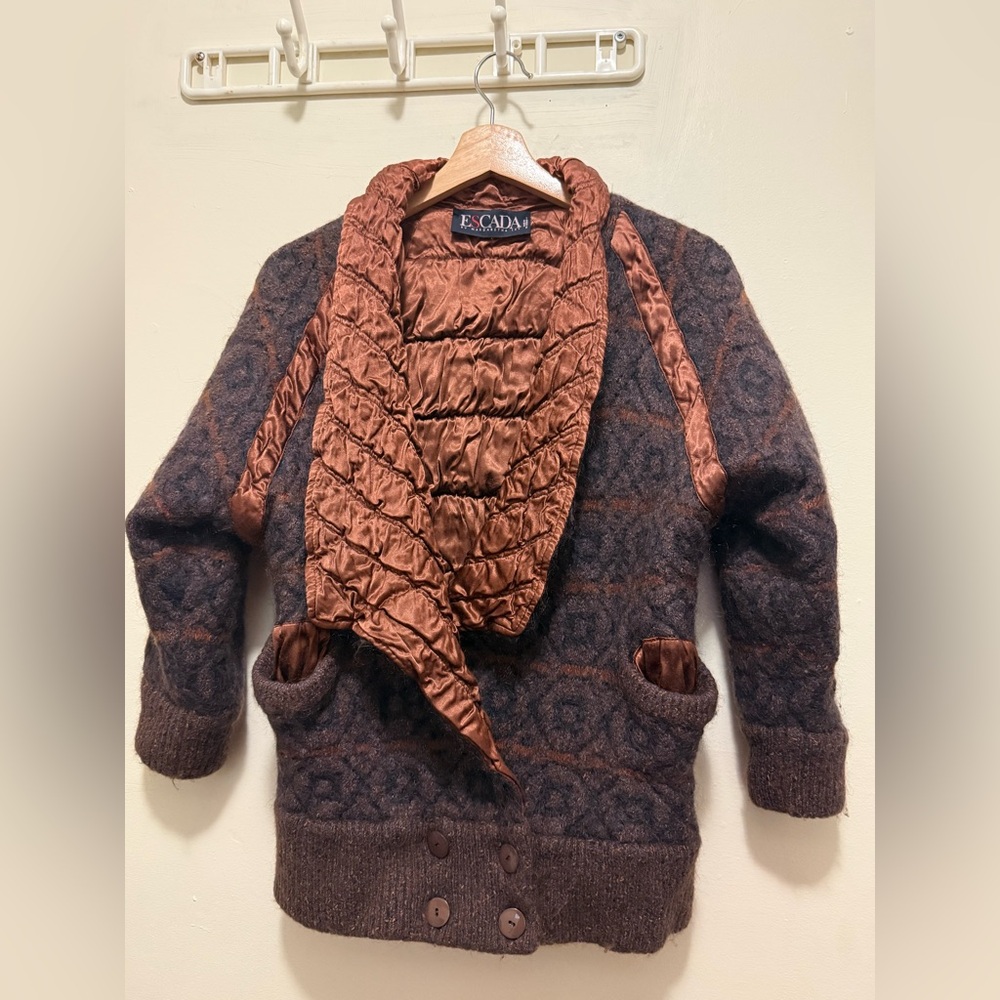 Escada Vintage Brown Knit Mohair Wool Ribbed Hem Cardigan Made In Germany Sz 40